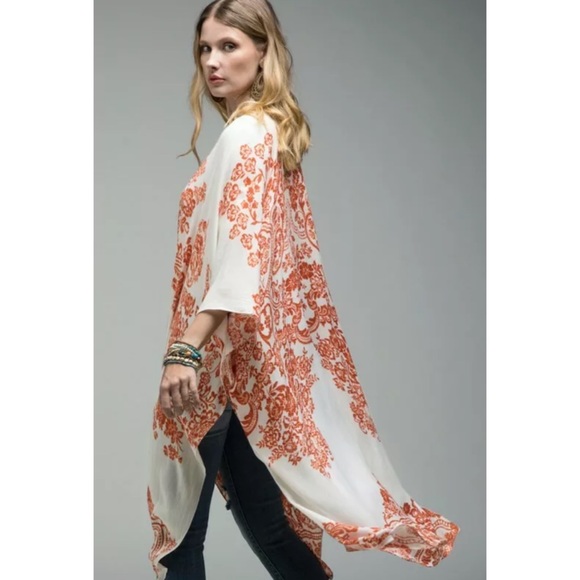SOLD OUT Rust Damask Floral Print Sheer Kimono Coverup Wrap - Picture 3 of 4